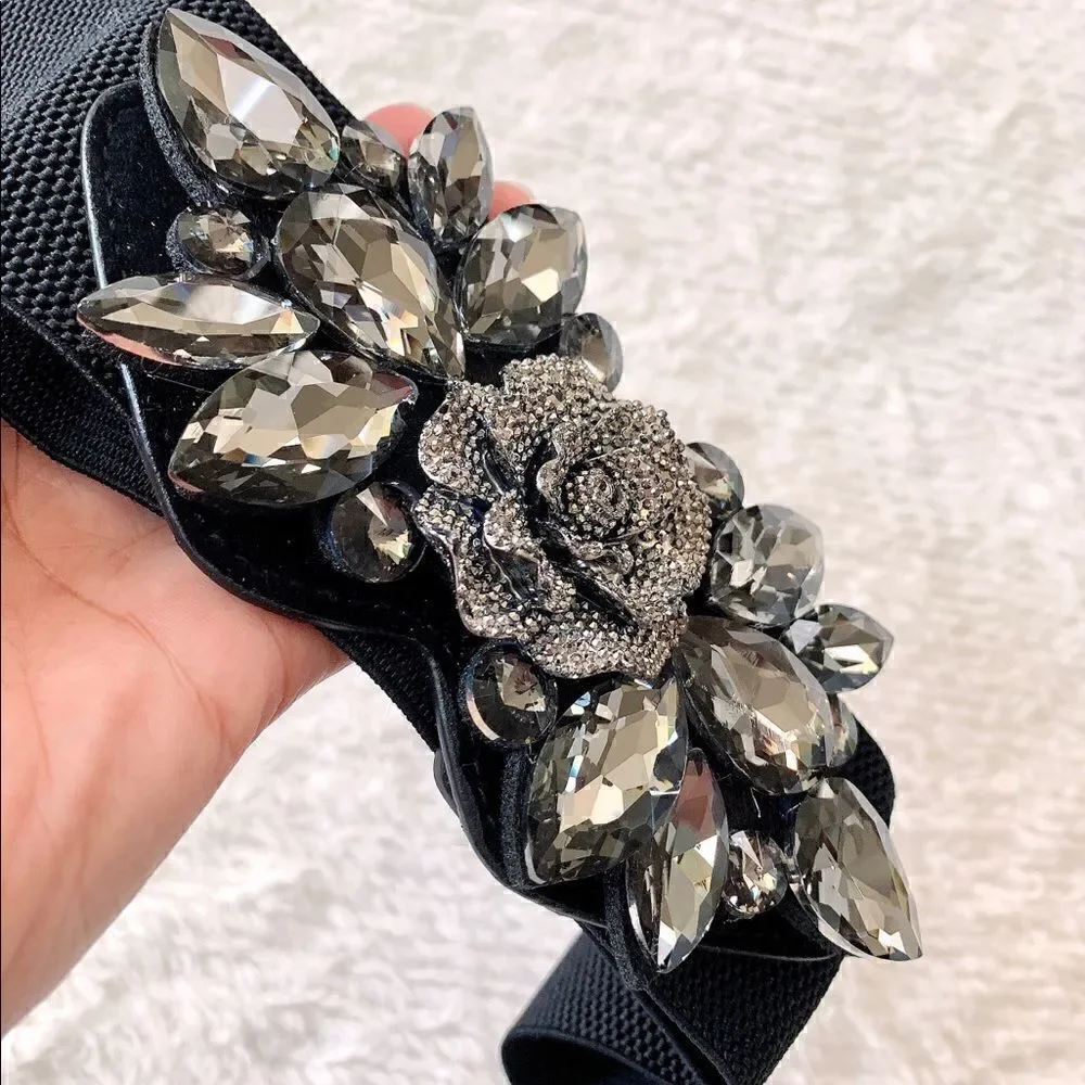 New Women’s Crystal & Beaded 3D Rose Stretch Elastic Belt